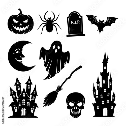 Classic halloween silhouettes collection spooky pumpkins ghosts bats and haunted houses for festive decor vector
