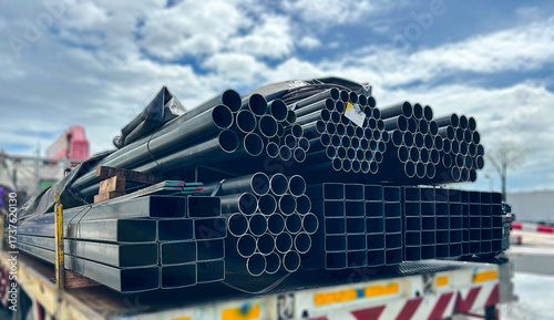 Construction products on transport vehicles Group of steel pipes for industrial materials Construction engineering products  equipment, steel pipes, metal warehouse industry, delivery to customers