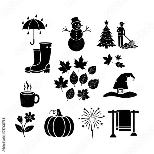 Collection of seasonal silhouette icons for autumn winter spring summer and holiday themes vector