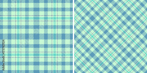 Two textile designs showcase a classic checkered pattern in teal and blue hues. Ideal for backgrounds, fabric design or seasonal themes.