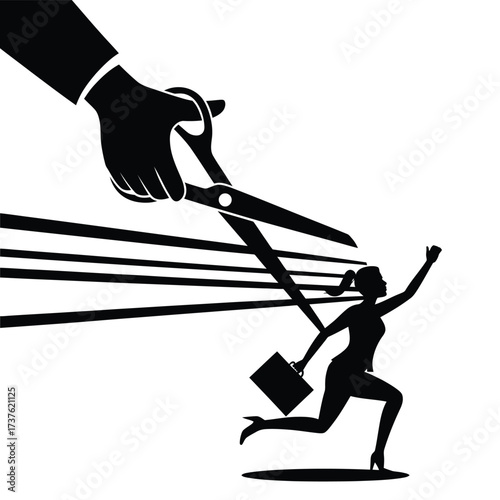 Woman escaping puppet strings cut by giant scissors