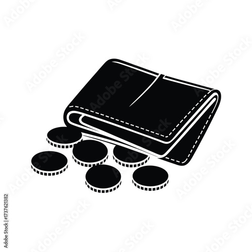 Black and white illustration of a wallet with coins spilling out
