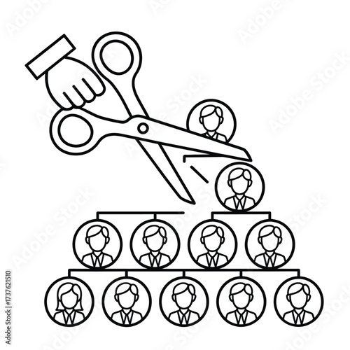 Hand cutting organizational chart with scissors symbolizing layoffs