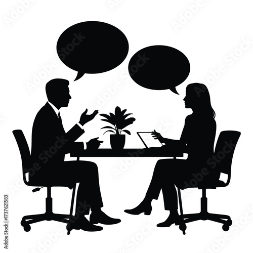 Business meeting silhouette with speech bubbles above two people talking