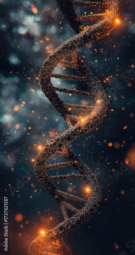 DNA strand illuminated with warm light against blurred background
