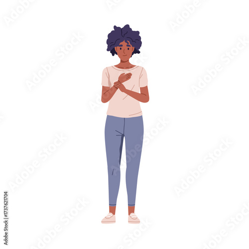 Shy modest uncertain woman in awkward embarrassed pose. Confused unsure female in confusion, timid emotion, expression, nervous hand gesture. Flat vector illustration isolated on white background