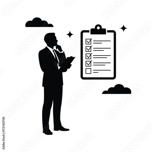 Businessman reviewing checklist on clipboard with clouds and stars