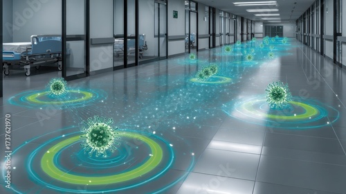 AI managing and visualizing virus spread in a hospital hallway