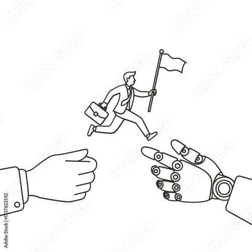 Businessman jumping between human and robot hands holding a flag