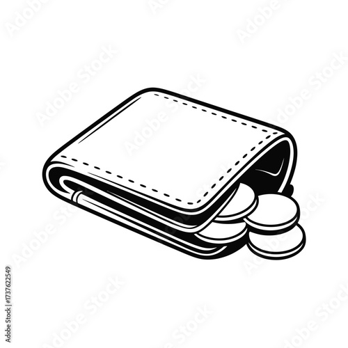 Hand drawn illustration of a leather wallet with coins spilling out
