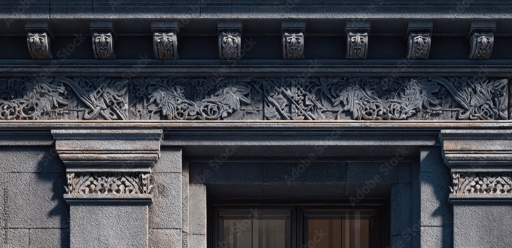 Obraz premium Elaborate classical architectural detail featuring intricate stone carvings above a window.