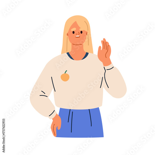 Displeased annoyed woman. Frustrated emotion, angry disappointed discontent expression, indifferent hand gesture. Offended upset female character. Flat vector illustration isolated on white background