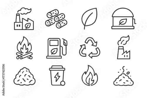 Vector energy pellets chimney material icon organic tank flame green biogas biomass