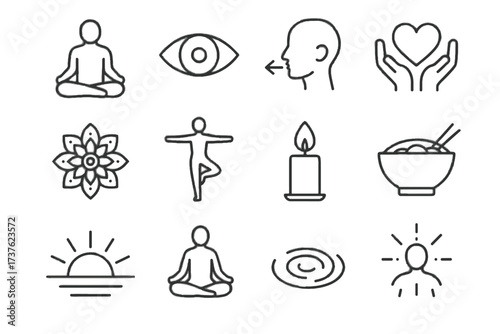 Mindfulness water calm vector icon eye set pose candle posture flame flower