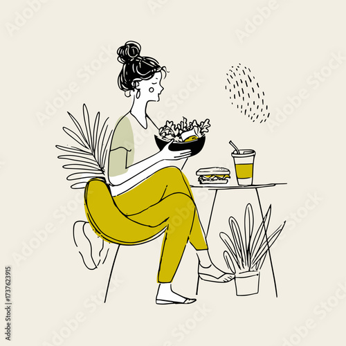 Vector hand-drawn illustration of of a woman eating breakfast with a coffee
