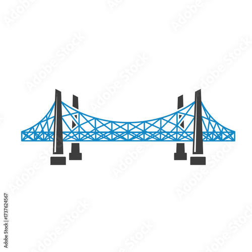 Illustration of a blue suspension bridge with black support structures.