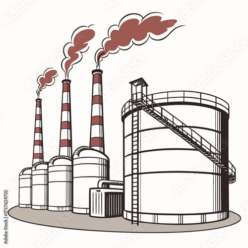 Industrial factory with smokestacks emitting smoke and large storage tanks under a light background
