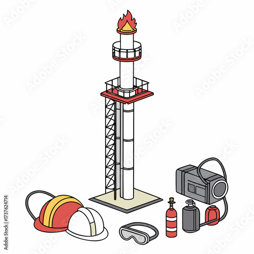 Industrial flare stack with safety equipment including helmets goggles and gas cylinders for oil and gas industry operations