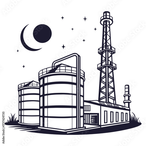 Industrial oil refinery complex with storage tanks and a tall tower under a crescent moon and starry night sky