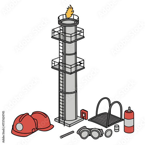 Industrial flare stack with safety equipment including hard hats goggles and gas cylinder on a white background