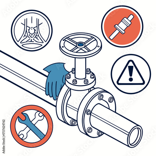 Industrial pipeline valve with safety icons indicating inspection warning and prohibited tool usage for maintenance and operation
