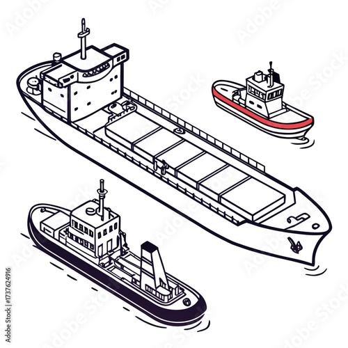 Isometric illustration of a large cargo ship accompanied by two smaller tugboats on a white background