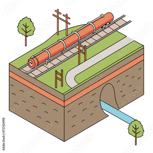 Isometric illustration of a large orange pipeline carrying oil or gas across a landscape with a river flowing through a tunnel