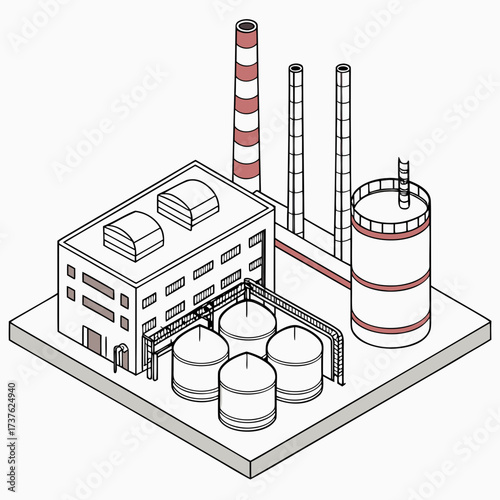 Isometric illustration of a modern industrial factory complex with storage tanks and smokestacks on a white background
