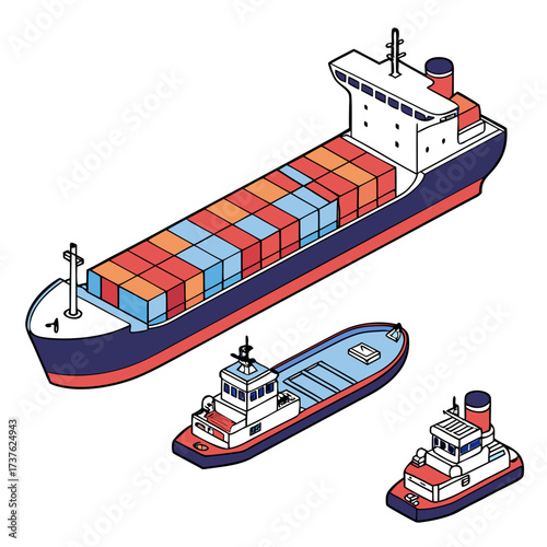 Isometric illustration of a large container ship and two smaller tugboats on a white background for shipping and logistics concepts
