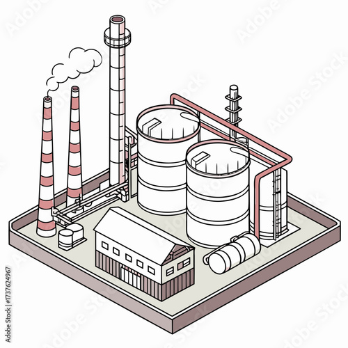 Isometric illustration of a stylized industrial factory complex with smokestacks storage tanks and buildings emitting smoke