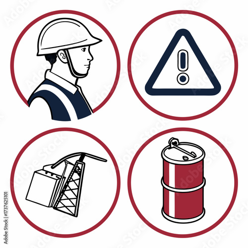 Set of four circular icons depicting safety and hazard symbols for industrial work environments including a worker warning sign equipment and barrel