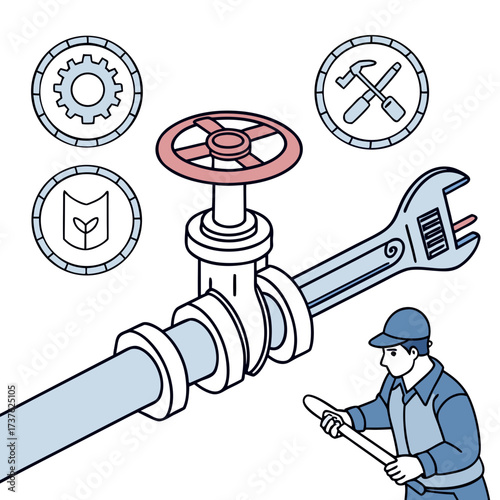 Plumber working on industrial pipe system with adjustable wrench and symbolic icons for engineering and growth