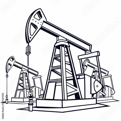Stylized black and white illustration of multiple oil pump jacks working in unison on an oil field