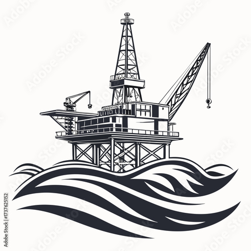 Stylized black and white illustration of an offshore oil drilling rig standing on wavy ocean water surface