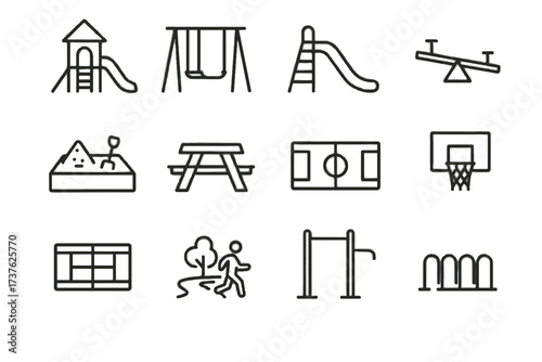 Sports playground bike table tennis jogging hoop icons area icon station recreation