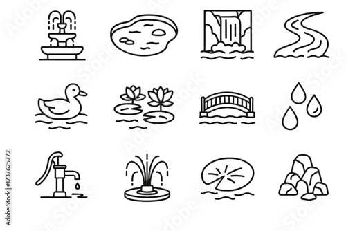 Feature fountainhead water icons vector pond icon waterfall rock bridge stream fountain