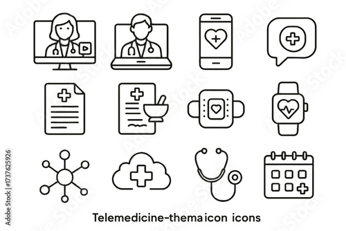 Network icon doctor telemedicine video set sensor stethoscope laptop storage health vector