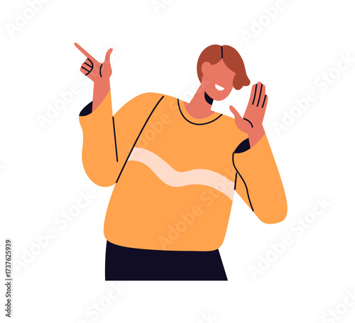 Person telling gossips, talking and pointing with finger, hand. Happy smiling character speaking, chatting, whispering rumors and news. Flat vector illustration isolated on white background