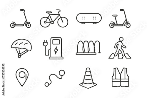 Safety kick rack icon vest mobility micro vector map helmet crossing pin