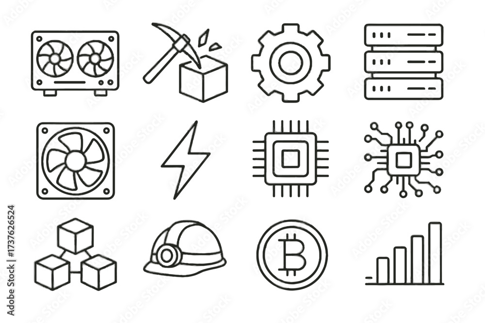 Fototapeta premium Cube vector blockchain mining rig gear icon fan icons energy bar