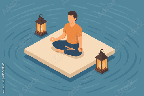 Lotus illustration balance above platform lanterns calm pose water meditative vector meditating