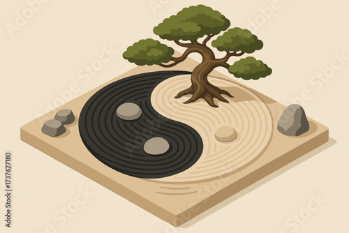 Style garden bonsai harmonious illustration zen vector stones tree isometric raked sand
