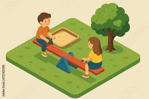 Children playground balance illustration tree nearby vector seesaw sandpit scene isometric grass