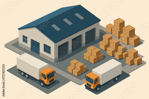 Delivery warehouse vector illustration outside scene crates parked isometric neatly doors large