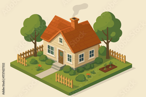 Softly trees homescape suburban smoke illustration garden fence from rising vector cozy