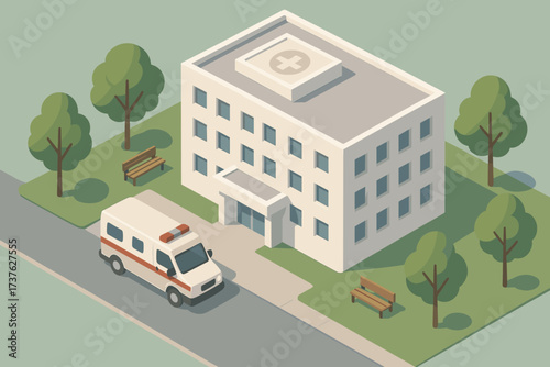 Vector ambulance view isometric hospital walkway trees along parked benches front illustration