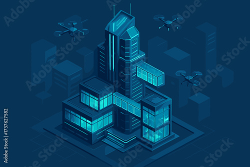 Connecting cityscape futuristic glowing tower illustration around vector accents glass floors