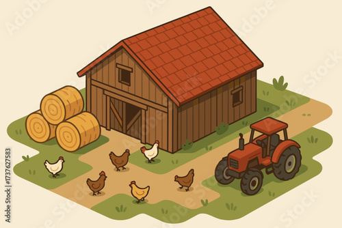 Nearby around roaming hay farm illustration isometric rustic barn roof outside vector