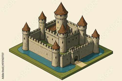 Towers stone moat medieval it castle vector walls illustration surrounding
