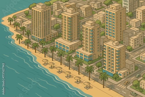 Coastal cityscape city ocean beach vector facing promenade illustration hotels trees palm